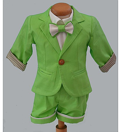 Costume Botez - Costum de botez baiat pentru vara bumbac verde 6 piese, Forest