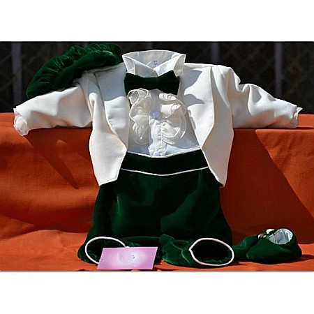 Costume Botez - Costum de botez baiat printisor HENRIC, catifea ivoire verde 6 piese, dvb28