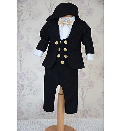 Costume Botez - Costum de botez baiat toamna-iarna cu vesta catifea bleumarin 7 piese, ROBERT