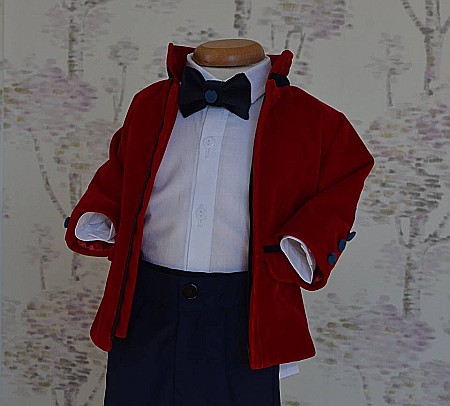 Costum de botez baiat toamna-iarna RED Jacket catifea rosie, 6 piese [1]