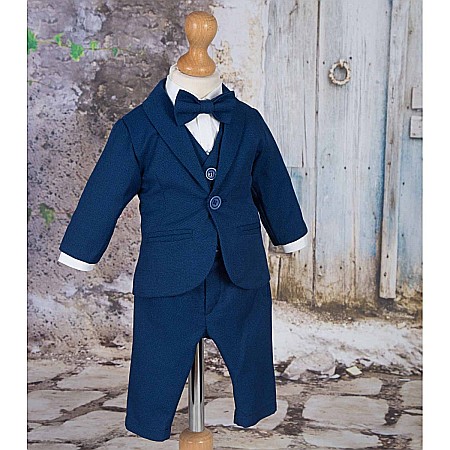 Costume Botez - Costum de botez baiat toamna-iarna Winter Castle din stofa bleumarin si bumbac, 7 piese