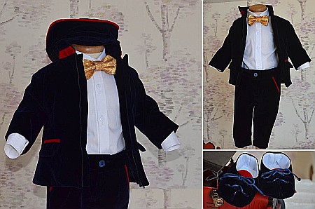 Costume Botez - Costum de botez baieti toamna-iarna Navy Jacket catifea bleumarin, 6 piese