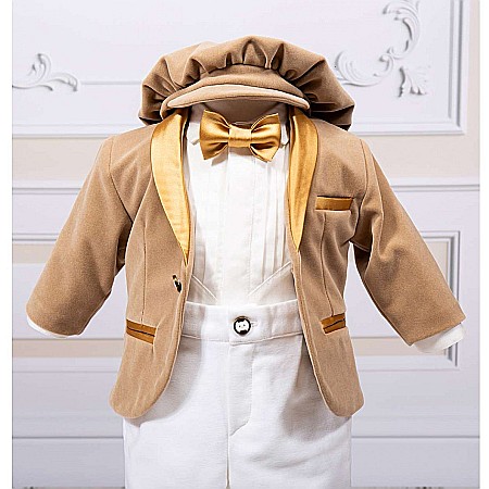 Costum de botez NOAH catifea alba cu bej, 7 piese [3]