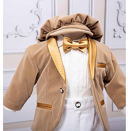 Costum de botez NOAH catifea alba cu bej, 7 piese [2]