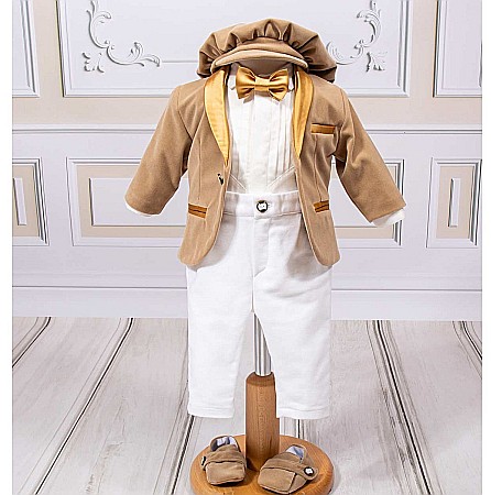 Costume Botez - Costum de botez NOAH catifea alba cu bej, 7 piese