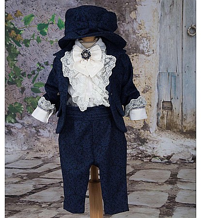 Costum de Botez print baiat bleumarin Henry din brocart, 6 piese [3]