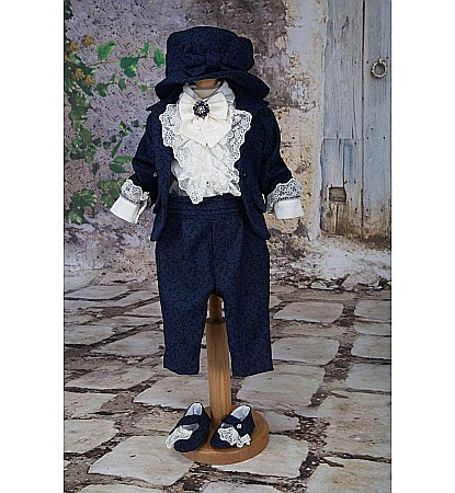 Costum de Botez print baiat bleumarin Henry din brocart, 6 piese [5]