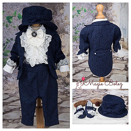 Costume Botez - Costum de Botez print baiat bleumarin Henry din brocart, 6 piese