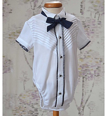 Costum de botez vara baiat EDY din in albastru, camasa body, 5 piese [3]
