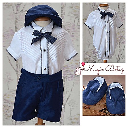 Costume Botez - Costum de botez vara baiat EDY din in albastru, camasa body, 5 piese