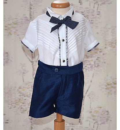 Costum de botez vara baiat EDY din in albastru, camasa body, 5 piese [4]