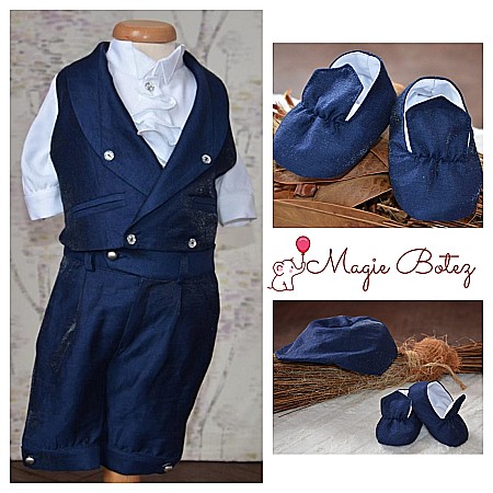 Costume Botez - Costum de botez vara pentru baiat ADONIS din in cu fir lucios de matase, 5 piese