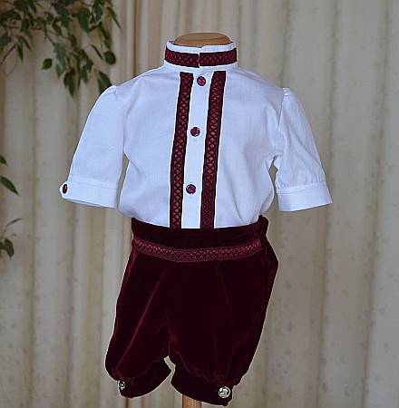 Costume Botez - Costum de vara botez baiat, din catifea visinie si camasa bumbac, 3 piese, Andy