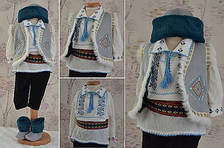 Costume Botez - Costum traditional de botez popular baieti iarna CODRUT cu ie cusuta, 6 piese