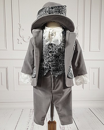 Costume Botez - Costumas de botez baiat toamna-iarna EMILIAN din catifea gri, 7 piese
