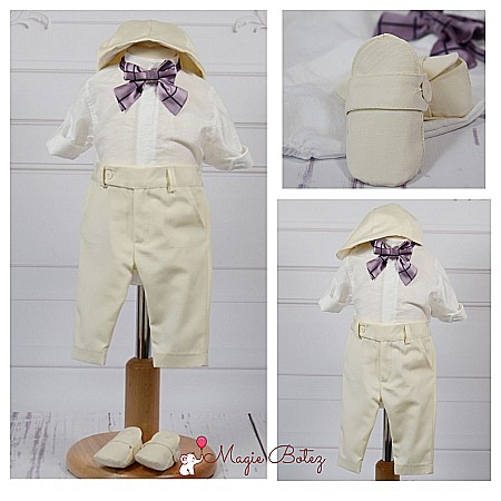Costume Botez - Costume botez baiat - Costum botez baiat vara bej deschis CALAIS, camasa body, 5 piese