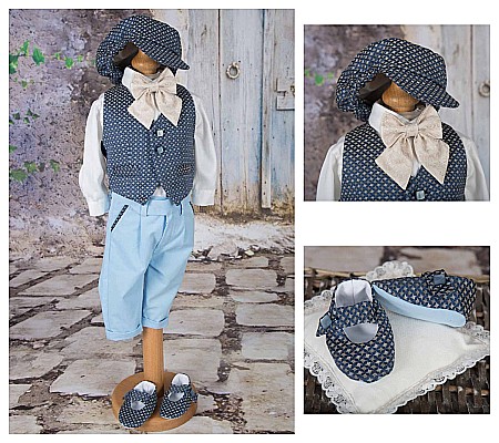 Costume Botez - Costume de botez vara baiat cu bumbac albastru VICTOR 6 piese