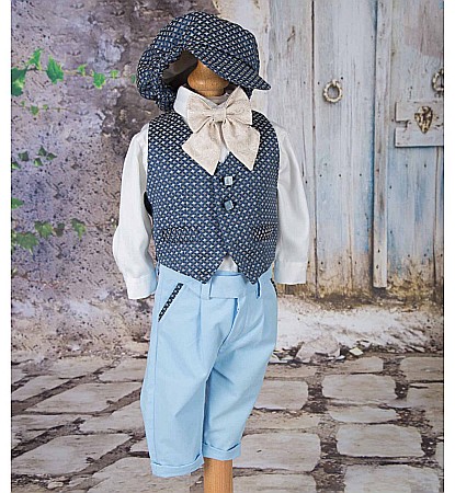 Costume de botez vara baiat cu bumbac albastru VICTOR 6 piese [1]