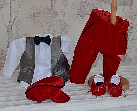 Haine botez baieti- Costum de botez vara baiat din stofa si catifea rosie, 5 piese, DENIS [1]