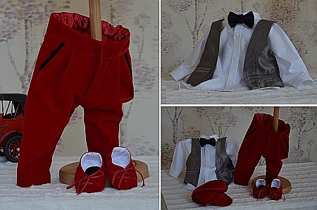 Costume Botez - Haine botez baieti- Costum de botez vara baiat din stofa si catifea rosie, 5 piese, DENIS