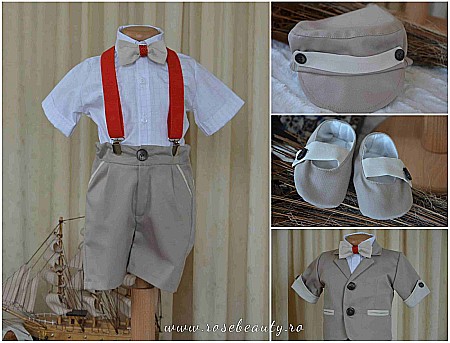 Haine de botez baieti- Costum de botez baiat pentru vara Beige Summer, tercot bej-crem, 7 piese [0]