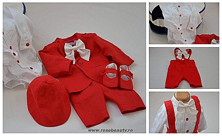 Haine de botez baieti- Costum de botez baiat pentru vara bumbac rosu 6 piese, Boy in Red [0]