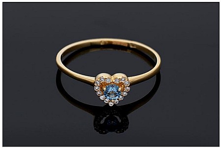 Inele din aur logodna - Inele femei dama din aur 14K logodna Inimioara bleu R14