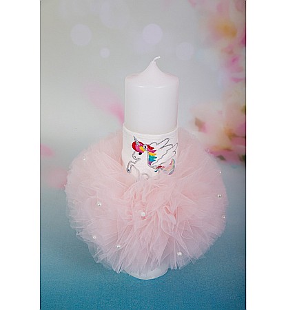 Lumanari de botez - Lumanare de botez biserica pentru fetite cu tull roz UNICORN, cvt111