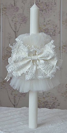 Lumanari de botez - Lumanare de botez fetita eleganta alb-ivoire, dantela si tiul, ANGEL