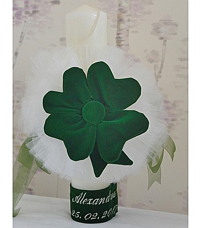 Lumanari botez baiat, tema trifoi, din catifea verde, Lucky