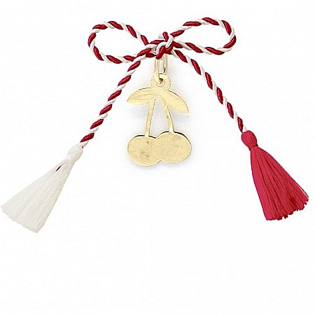 Martisoare aur si argint - Martisor din aur galben 14K Cirese snur rosu