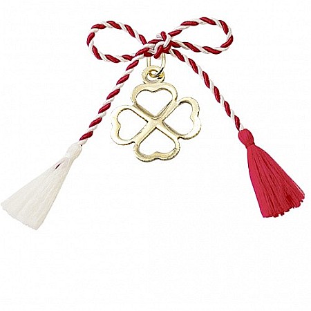 Martisoare aur si argint - Martisor medalion din aur galben 14K Trifoi cu patru foi snur rosu