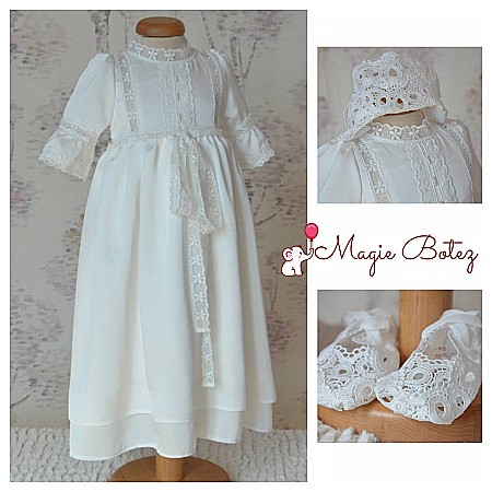 Rochita alba botez catolic fete bebe CATHOLIC cu dantela vintage, 3 piese
