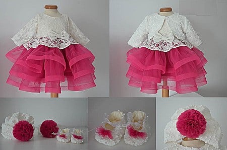 Rochite Botez - Rochita bebe botez COSETTE- set alb cu roz dantela si tull cu bolero si turban, 5 piese