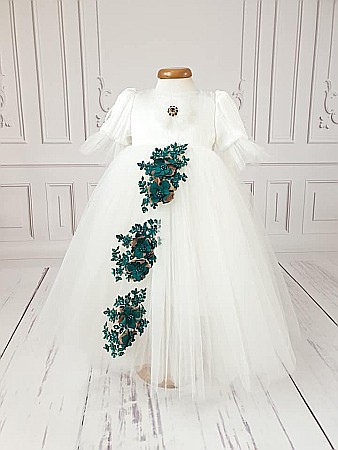 Rochita bebe Botez Vara Alba cu Dantela Verde, Magdalena [2]