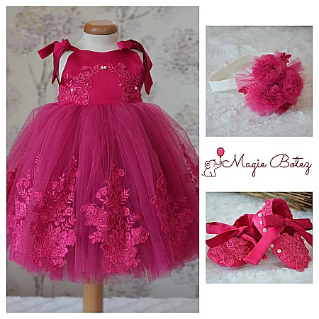 Rochite Botez - Rochita botez bebe roz pentru vara CARINA - set elegant tull si dantela fucsia ocazii speciale, 3 piese