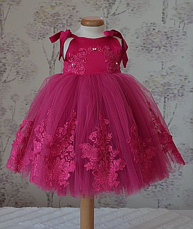Rochita botez bebe roz pentru vara CARINA - set elegant tull si dantela fucsia ocazii speciale, 3 piese [2]