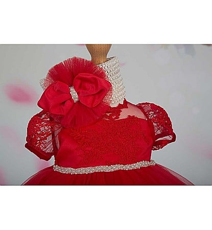 Rochita botez fete pentru vara VICTORIA din dantela rosie si tull cu margelute, 3 piese [3]