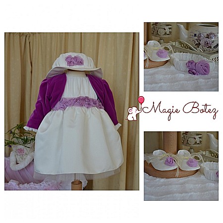 Rochite Botez - Rochita botez fetite bebe fete VIOLETTE -set elegant din catifea si tafta, 5 piese
