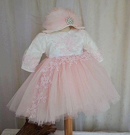Rochita botez fetite bebe Princess - set printesa cu dantela roz si tull fin, 4 piese [1]