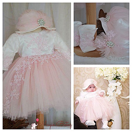 Rochite Botez - Rochita botez fetite bebe Princess - set printesa cu dantela roz si tull fin, 4 piese