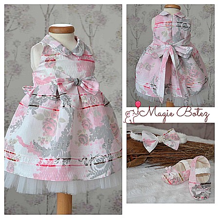 Rochite Botez - Rochita botez fetite roz de vara LUNA - set tafta subtire ocazii speciale, 3 piese