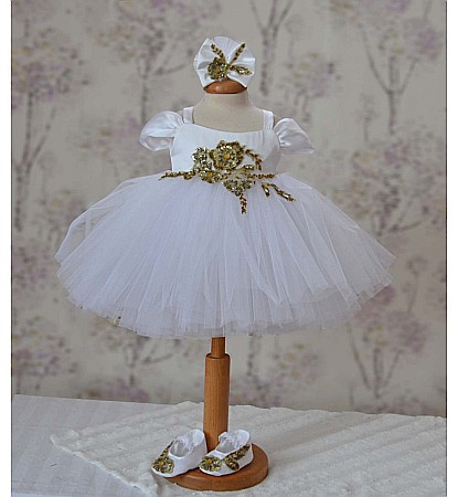 Rochite Botez - Rochita botez vara alba SOLEIL - set elegant matase alba si dantela aurie, 3 piese