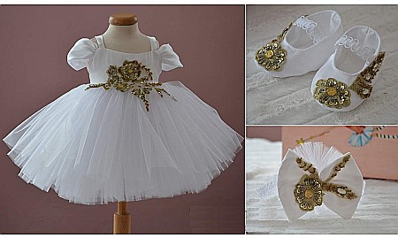 Rochita botez vara alba SOLEIL - set elegant matase alba si dantela aurie, 3 piese [3]
