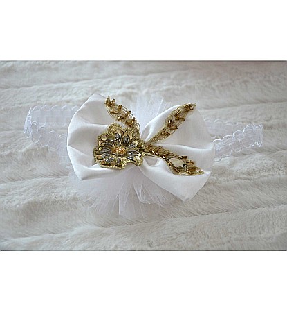 Rochita botez vara alba SOLEIL - set elegant matase alba si dantela aurie, 3 piese [2]