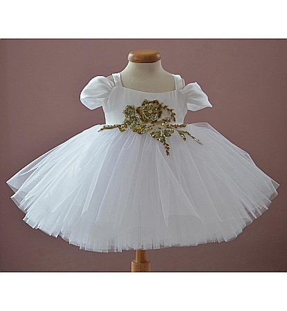 Rochita botez vara alba SOLEIL - set elegant matase alba si dantela aurie, 3 piese [5]