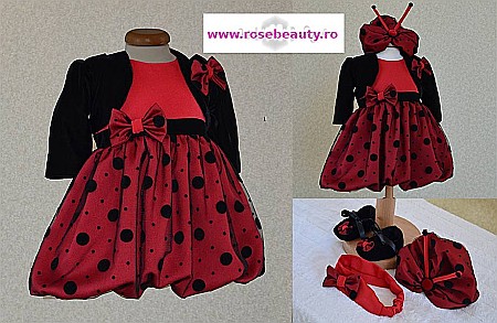 Rochita de botez rosie fetite Buburuza LADY BIRD - set din catifea cu turban pentru ocazii speciale, 5 piese [1]