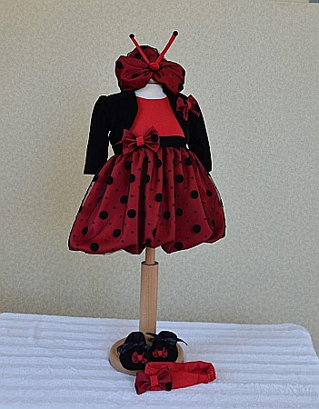 Rochite Botez - Rochita de botez rosie fetite Buburuza LADY BIRD - set din catifea cu turban pentru ocazii speciale, 5 piese