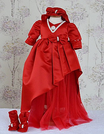 Rochite Botez - Rochita de botez rosie fetite RED ROSE- set elegant din tafta, 3 piese