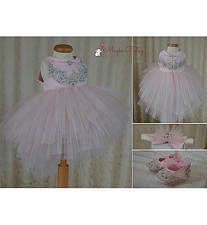 Rochite Botez - Rochita de botez roz de vara fetite DAPHNE - set dantela argintie, 3 piese
